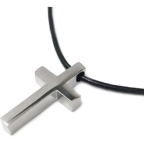Loralyn Designs Small Mens Simple Stainless Steel Cross Pendant Necklace 16, 18, 20, 24 or 30 Inch Black Leather Cord