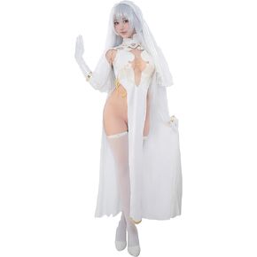 Women Nun Cosplay Costume Halloween High Slit Dress Set with Veil Necklace
