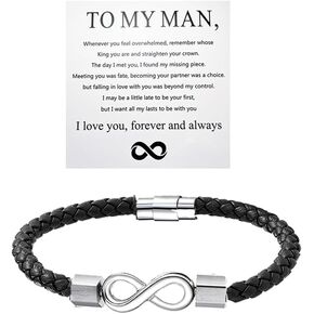 To My Man Bracelet Personalized Infinity Bracelets from Wife I Love You Forever and Always Bracelet for Husband Boyfriend Mens Braided Leather Bracelets Valentine Christmas Gifts