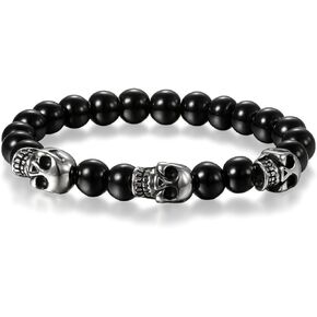 Cupimatch Stainless SteelSkull Bracelet, Mens Skull Bracelet 8mm Buddha Black Beads Stretch Gothic Jewelry