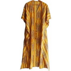 Soft 100% Cotton Handmade Kaftan Dress Beach Cover up Women Night Dress, Indian Tiger Hand Block Print Sleepwear Maxi Dress Kimono Robe Animal Multi