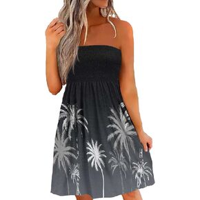 LLHXRUI Coconut Tree Gradient Smocked Strapless Bandeau Mini Dress for Women Beach Sundress Summer Vacation Tube Top Dress