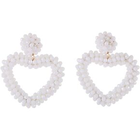 TRWWELL Heart Beaded Earrings for Women Handmade Crystal Bead Heart Shaped Dangle Statement Earrings Bohemia Love Heart Hoop Drop Earrings for Summer Beach Jewelry Gift