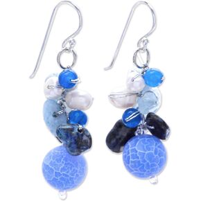 NOVICA Artisan Handmade Cultured Freshwater Pearl Aquamarine Cluster Earrings Agate Beaded .925 Sterling Silver Lapis Lazuli Quartz Blue White Thailand Serenity Birthstone 'Azure Love'