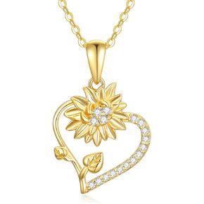 Solid Gold 14K Sunflower Necklace for Women Sunflower Heart Pedant Real Gold You are My Sunshine Necklace 16''-18''