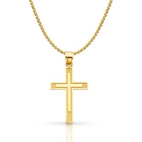 14K Yellow Gold Cross Pendant with 1.4mm Flat Open Wheat Chain Necklace