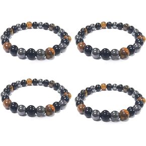 Caiyao 2-3Pcs Black Obsidian Tiger Eye Stone Bead Hematite Bracelet Set Triple Protection Stress Anxiety Relief Stretchy Bracelet for Men Women Good Luck Energy Healing Therapy Jewelry Gift