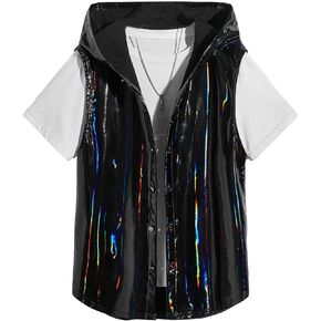 WDIRARA Men's Holographic Hoodie Button Up Sleeveless Shirt Metallic Club Party Tops