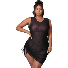 Floerns Women's Plus Size Sheer Mesh Scoop Neck Drawstring Side Beach Cover Up