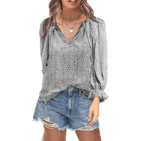 OUNAYA Women's Long Sleeve V Neck Cute Floral Chiffon Shirt Flowy Tunic Tops Summer Loose T-Shirt