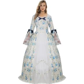 Women Medieval Rococo Party Dress Gothic Victorian Costume Retro Ball Gown Blue Floral Halloween Cosplay Outfit