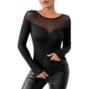 تي شيرت نسائي من SweatyRocks ذو تصميم شبكي شفاف متباين وأكمام طويلة ورقبة دائرية