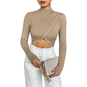 Milumia Women's Ruched Wrap Cross Mock Neck Crop Tee Long Sleeve Fitted T-Shirts Tops