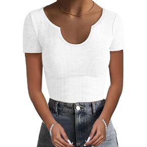 قمصان باشافو النسائية بأكمام قصيرة مضلعة ورقبة واسعة، قمصان أساسية ضيقة، قمصان صيفية عصرية in Kuwait