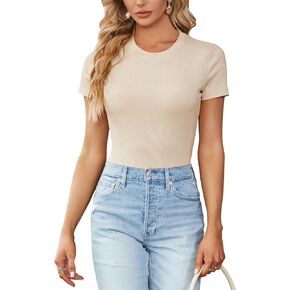 LYANER Women's Ribbed Knit Round Neck Short Sleeve Slim Fit Basic T-Shirt Tee Top