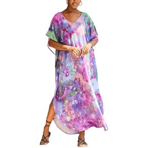 فستان قفطان نسائي برباط مصبوغ ورقبة على شكل حرف V قفطان رايون مقاس كبير قفطان طويل للشاطئ بوهو in Kuwait