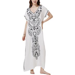 Caftans for Women Swimsuit Cover Ups Embroidery V Neck Short Sleeve Beach Side Split Cover Up for Women Kaftan Dress