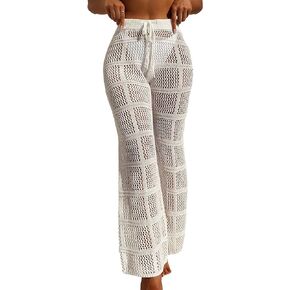 SHENHE Women's Crochet Sheer Swim Cover Up Pants Drawstring Hollow Out Loose Beach Pants