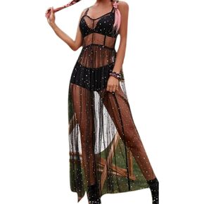 LEOMOSTE Women Sexy Sequin Sheer Mesh Fishnet Swimsuit Beachwear Bikini Swimwear Cover Up Clubwear Dress