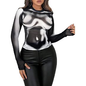 WDIRARA Women's Figure 3D Graphic Mesh Sheer T Shirts Mock Neck Long Sleeve Tee Party Tops