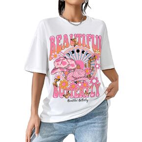 Verdusa Women's Letter Print Tee Shirt Oversized Crew Neck Drop Shoulder Casual Tops