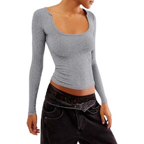 Imily Bela Womens Scoop Neck Long Sleeve Shirts Ribbed Knit Slim Fitted Casual Basic Tee Tops
