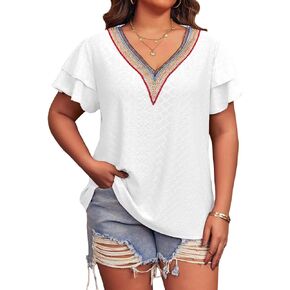 Tankaneo Womens Plus Size Tops V Neck Short Ruffle Sleeve T-Shirts Crochet Lace Summer Loose Fit Tunics Tees