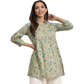 Yash Gallery Women's Rayon Floral Printed Short Kurti (Khaki)