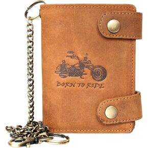 Biker's RFID Genuine Leather Wallet with Metal Chain with Motorbike