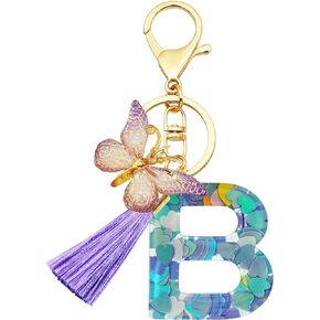Initial Letter Keychains for Girls Women Purple Butterfly Alphabet Keychain Backpack School Bag Keychain for Book Bag