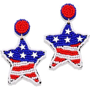 American Flag Earrings for Women Girls, Patriotic Beaded Star Drop Dangle Earrings, Memorial Day earrings 4th of July Independence Day Earrings, Holiday Earrings Gifts