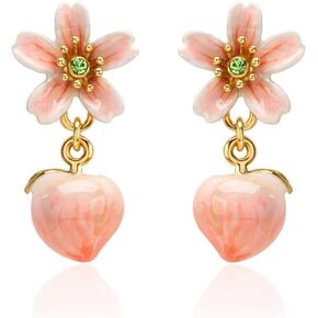Peach Blossom Pink Flower Enamel Dangle Earrings Handmade Jewelry Gift 18K Gold Plated Copper