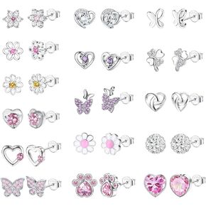 YADOCA 6/16 Pairs Hypoallergenic Silver Stud Earrings for Girls Women Cute Flower Heart Cubic Zirconia Earrings Studs Set Small Cartilage Earrings