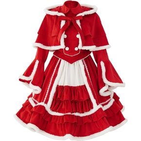 Women's Palace Velvet Christmas Dress Lolita Dress Winter Warm Santa Dress with Cloak