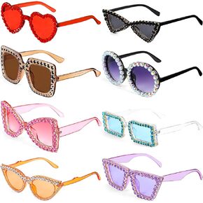 Xuhal 8 Pairs Women Rhinestone Sunglasses Irregular Crystal Sunglasses Crystal Oversized Festival Sunglasses Retro Thick Frame Glasses for Summer Disco Party