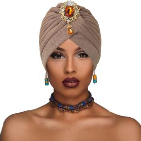 Vintage African Turban Camel Tassel Headwrap Crystal Head Cover Wrap Headwear for Women in Kuwait