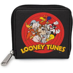 Buckle Down Looney Tunes Wallet, Square Zip Around, 10 Character Bullseye Logo, Black, Vegan Leather