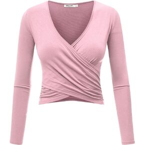 Lock and Love Women's Premium Short/Long Sleeve Deep V Neck Slim fit Cross Wrap Crop top Shirt-Made in USA