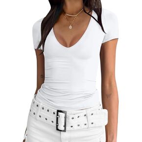 Women's Casual Basic Going Out Crop Tops V Neck Slim Dupes Short Sleeve Tight Shirts Y2K Clothes