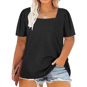 VISLILY Womens-Plus-Size-Summer-Tops Square Neck T Shirts Puff Short Sleeve Blouses Eyelet Tunics XL-5XL