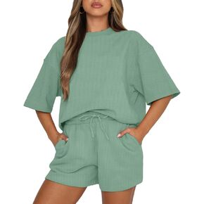 BWQ Womens Pajama Sets Short Sleeve Waffle Top and Shorts 2 Piece Tracksuit Outfits