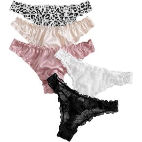 WDIRARA Women's 5 Pieces Panties Set Lace Satin Leopard Lettuce Trim Thongs Mid Rise Underwear Panty