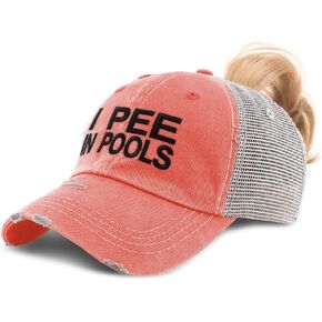 Custom Womens Ponytail Cap I Pee in Pools A Embroidery Distressed Trucker Hats