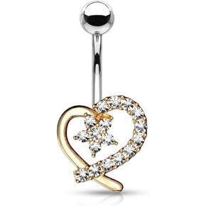 Forbidden Body Jewelry Surgical Steel Pave CZ Hollow Heart Belly Button Ring with CZ Flower Center
