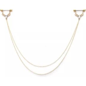 Pierced Owl 14GA Gold Plated 316L Stainless Steel Double Chain Connecting Pear Shaped CZ Crystal Filigree Nipple Barbells