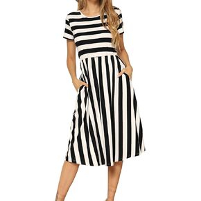 levaca Women's Casual Short Sleeve Striped Swing Midi Dress with Pockets