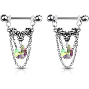 Pierced Owl - 14GA 316L Stainless Steel Triple Flower Dangling Crystal Chains Nipple Barbells, Sold as A Pair