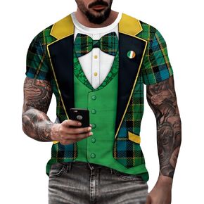 Men's St Patricks Day T-Shirts Novelty 3D Printed Shamrock Tuxedo Tees Shirt Clover Leaves Casual Short Sleeve Shirts