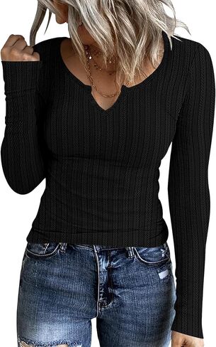 تي شيرت نسائي خريفي أنيق بأكمام طويلة وفتحة رقبة على شكل V من Ivicoer، بلوزات غير رسمية بقصة ضيقة، قطع علوية مضلعة متماسكة أساسية in Kuwait