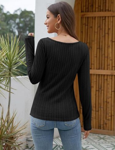 تي شيرت نسائي خريفي أنيق بأكمام طويلة وفتحة رقبة على شكل V من Ivicoer، بلوزات غير رسمية بقصة ضيقة، قطع علوية مضلعة متماسكة أساسية in Kuwait